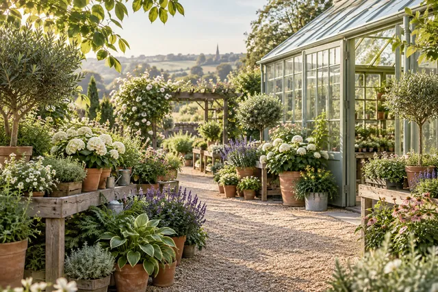 Potted plants and a glass greenhouse in a garden centre setting.