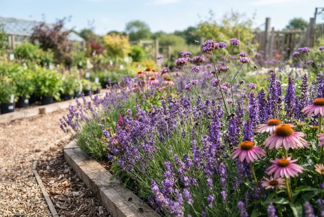 Illustrative pollinator planting rich with summer flowers and bees.