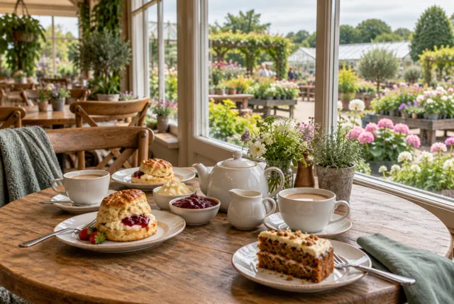 Illustrative view of a wooden tearoom table beside a bright window overlooking flowers.