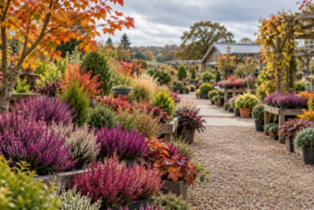 Illustrative view of purple heather and autumn foliage along an outdoor path.