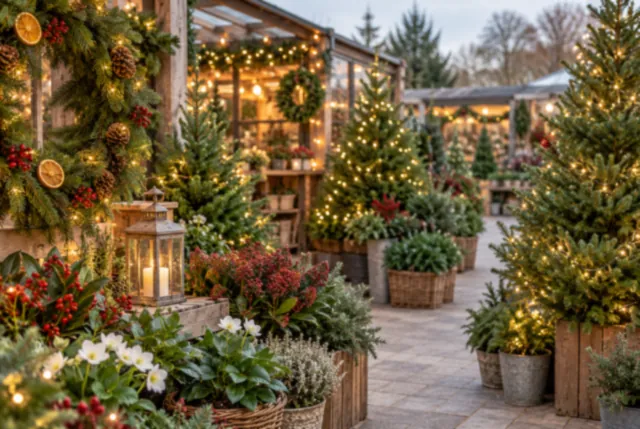 Illustrative view of warm white lights woven through evergreen seasonal displays.