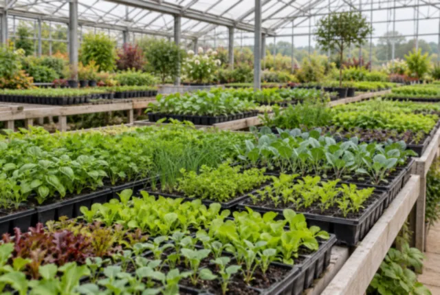 Illustrative view of seedling trays arranged across greenhouse propagation benches.